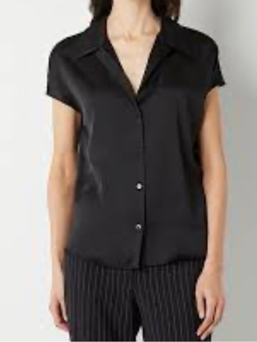 Worthington Black Satin Short Sleeve Button Up Blouse NWT
